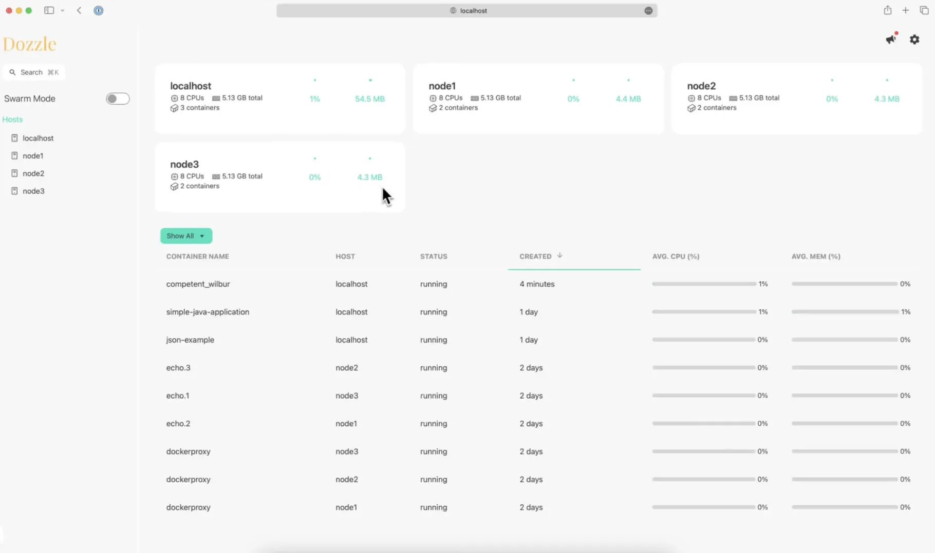 The Dozzle interface streaming container logs in real time